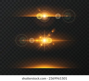 Vector light effect set. Horizontal glowing lines of sunrise and laser glow effect on a dark transparent background. Glowing rays abstract elements.