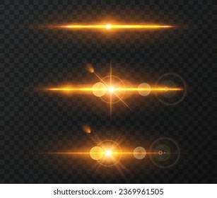 Vector light effect set. Horizontal glowing lines of sunrise and laser glow effect on a dark transparent background. Glowing rays abstract elements.