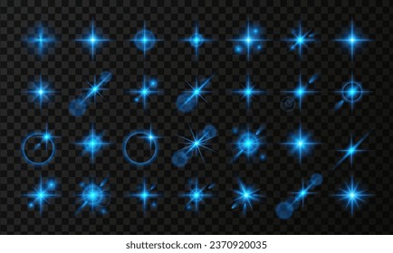 Vector light effect set. Horizontal glowing lines of sunrise and laser glow effect on a dark transparent background. Glowing rays abstract elements.