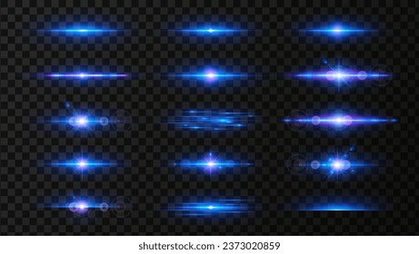 Vector light effect set. Horizontal glowing lines of sunrise and laser glow effect on a dark transparent background. Glowing rays abstract elements.