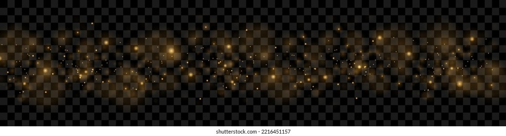 Vector light effect. Sparkling golden particles, glowing bokeh lights isolated on dark transparent background