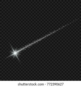 Vector light effect. white comet with glowing tail of shining stardust sparkles, Gold glittering star dust 