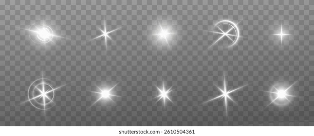 Vector light effects.  light lens effects on transparent background.
Glowing white light effect. Lenses flash, solar flares, lines, stars, explosion. 