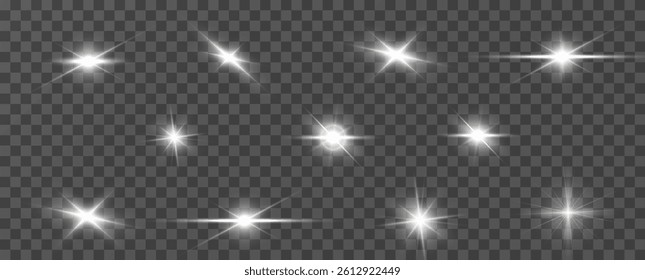 Vector light effects.  light lens effects on transparent background.
Glowing white light effect. Lenses flash, solar flares, lines, stars, explosion. 