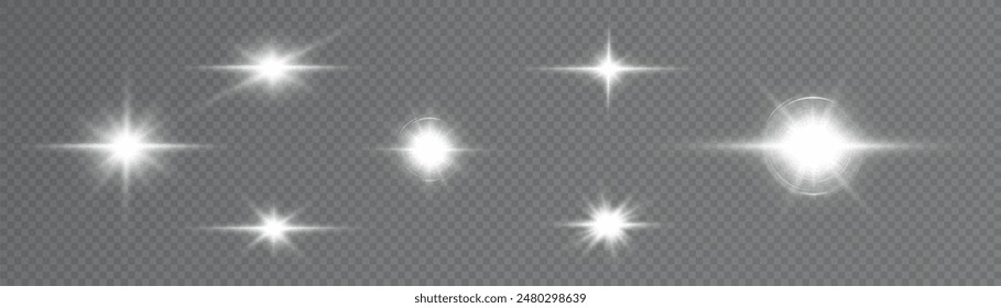 Vector light effects. Set of white light lens effects on transparent background. Transparent vector sunlight for web design and illustrations.