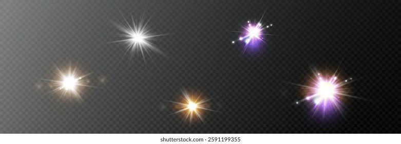 Vector light effects. Set of white light lens effects on transparent background. Transparent vector sunlight for web design and illustrations.