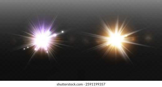 Vector light effects. Set of white light lens effects on transparent background. Transparent vector sunlight for web design and illustrations.