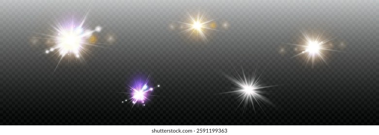 Vector light effects. Set of white light lens effects on transparent background. Transparent vector sunlight for web design and illustrations.