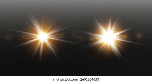 Vector light effects. Set of white light lens effects on transparent background. Transparent vector sunlight for web design and illustrations.