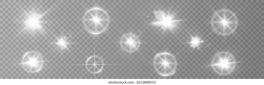 Vector light effects. Set of white light lens effects on transparent background. Transparent vector sunlight.