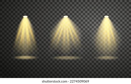 Vector light effects. Soft abstract electic rays. Set of yellow shining spotlights on transparent background