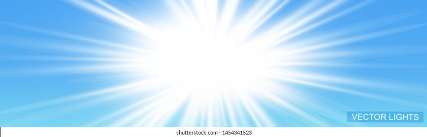 Vector Light Effects. White Glowing Light Explodes On Blue Background. Bright Star. Sun. Special Line Flare Light Effects For Design And Decor