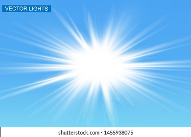 Vector Light Effects. White glowing light explodes on blue background. Bright Star. Sun. Special line flare light effects for design and decor