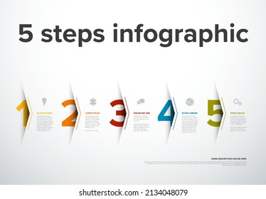 Vector light five steps progress template with big arrows and numbers with deep shadow cut from the paper, descriptions and icons. Light version with big color step numbers