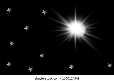 
Vector light flare with black stars in the dark sky. Flash Light.