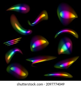 Fracciones con luz vectorial con efecto Arcoiris con luz solar. rayos holográficos con transparencia.Efectos de la luz de cristal. Gem Stone aislada. Flare de reflexión brillante. Brillante resplandor de diamantes