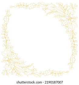 Vector light frame of autumn leaves, acorns, berries. Background, border, corner decoration elements. Orange outline on white background. Theme is forest, happy fall, thanksgiving