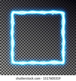 Vector light frame banner isolated on dark background. Shine border in lightning style, transparent effect. Light magic rectangle. Vector illustration. 