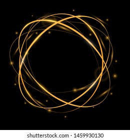 Vector light frame with golden sparkles, abstract glowing rings, golden neon circles, luminous design element. Magic shiny motion effect, 3d luxury round template for promo, sale, new year card, jewel