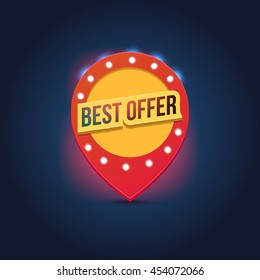 Vector light frame. Retro billboard. Red and yellow advertising sign. Best offer. Sale and discount, business banner.