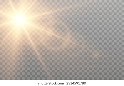 Vector light with glare. Golden light png. Flash of light png. Glare from the flash. Sun, sunbeams, dawn.