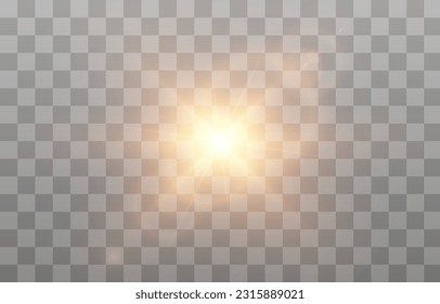 Vector light with glare. Golden light png. Flash of light png. Glare from the flash. Sun, sunbeams, dawn.