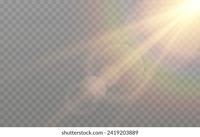 Vector light with glare png. Realistic bright flash of light png. Glare from the sun, sun rays.