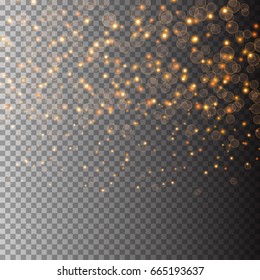 Vector light glitter particles background effect for luxury greeting rich card. Sparkling texture. Star dust sparks in explosion on transparent background