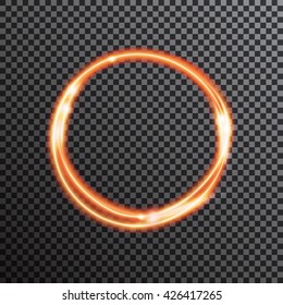 Vector light gold circle. Glowing fire ring trace. Glitter magic sparkle swirl trail effect on transparent background. Bokeh glitter round wave line with flying sparkling flash lights.
