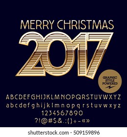 Vector light gold Merry Christmas 2017 greeting card with set of letters, symbols and numbers. File contains graphic styles
