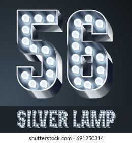 Vector light up gray alphabet, silver graphic font. Numbers 5 6