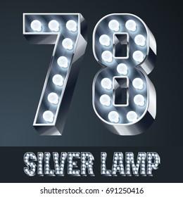 Vector light up gray alphabet, silver graphic font. Numbers 7 8