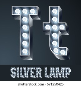 Vector light up gray alphabet, silver graphic font. Letter T