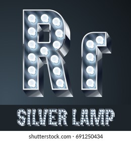 Vector light up gray alphabet, silver graphic font. Letter R