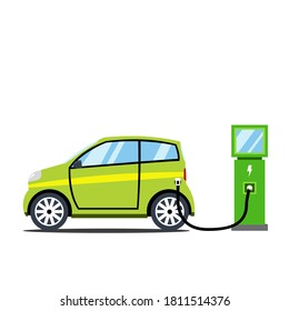 Vector of a light green electric vehicle pluged in at an electronic charging station