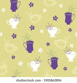 Vector light green garden tea party seamless pattern background. Perfect for fabric, scrapbooking, wallpaper projects, wrap papers. 