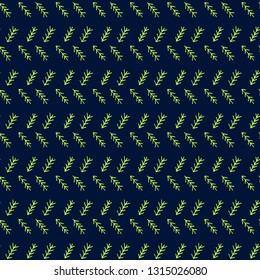 Vector light green hand drawn tribal lines and stripes, on dark blue background repeat seamless pattern. Fresh summer mimicking folk, herringbone, stitching surface pattern.