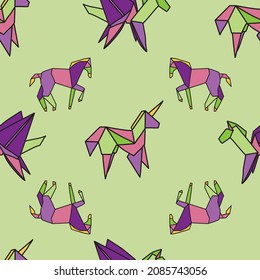 Vector Light green Origami pegasus, unicorns, and horses background pattern