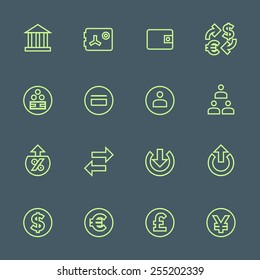 vector light green outline various financial banking icons set on dark background 