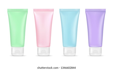 Vector light green, pink, blue and purple cream tube isolated on white background. 3d plastic cosmetic container. Package design, blank mockup template.