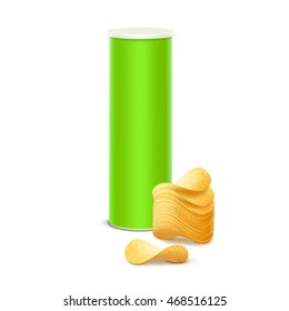 Vector Light Green Tin Box Container Tube for Package Design with Stack of Potato Crispy Chips Close up Isolated on White Background