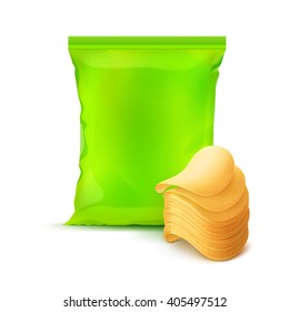 Vector Light Green Vertical Sealed Foil Plastic Bag for Package Design with Stack of Potato Crispy Chips Close up Isolated on Background