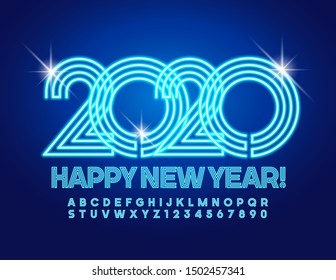 Vector light up Happy New Year 2020 Greeting Card with Blue electric Alphabet Letters, Symbols and Numbers. Bright Neon Font