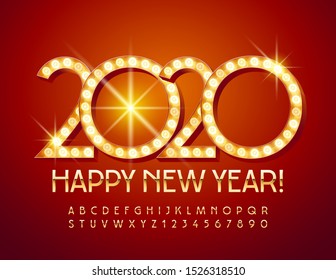 Vector light up Happy New Year 2020 Greeting Card. Elegant thin Font. Golden Alphabet set of Letters and Numbers.