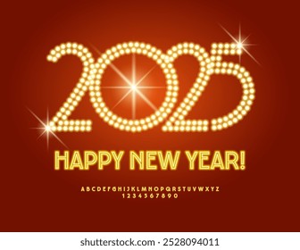 Vector light up Happy New Year 2025 Greeting Card. Bright Neon Font. Glowing Alphabet set of Letters and Numbers.