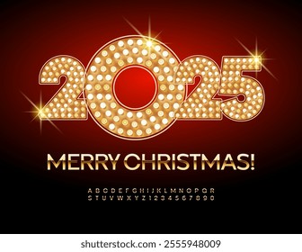 Vector light up Happy New Year 2025 Greeting Card! Trendy Golden Font. Fashion Alphabet Letters and Numbers set.