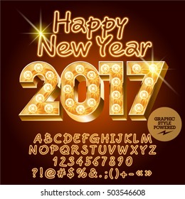 Vector light up Happy New Year 2017 greeting card with set of letters, symbols and numbers. File contains graphic styles