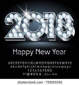 Vector light up Happy New Year 2018 Greeting Card with Alphabet set of Letters, Symbols and Numbers. Silver Font contains Graphic Style