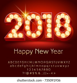 Vetor luz acima Feliz Ano Novo 2018 cartão de saudação com alfabeto conjunto de letras, símbolos e números. Fonte dourada contém estilo gráfico