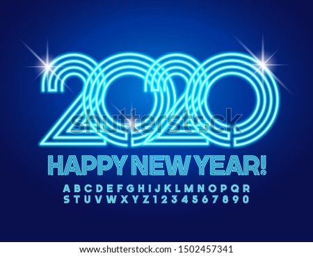 Vector light up Happy New Year 2020 Greeting Card with Blue electric Alphabet Letters, Symbols and Numbers. Bright Neon Font